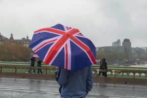 Person standing in London with union jack umbrella