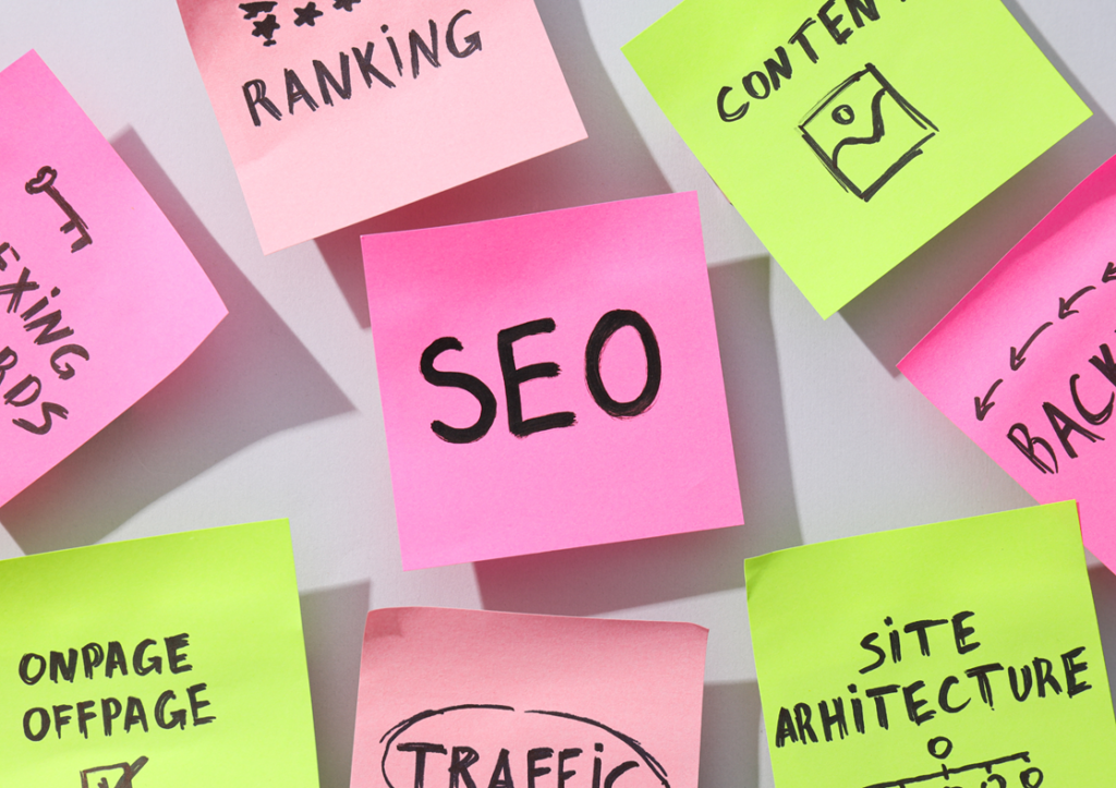 multi-coloured post-it notes with handwritten notes about seo