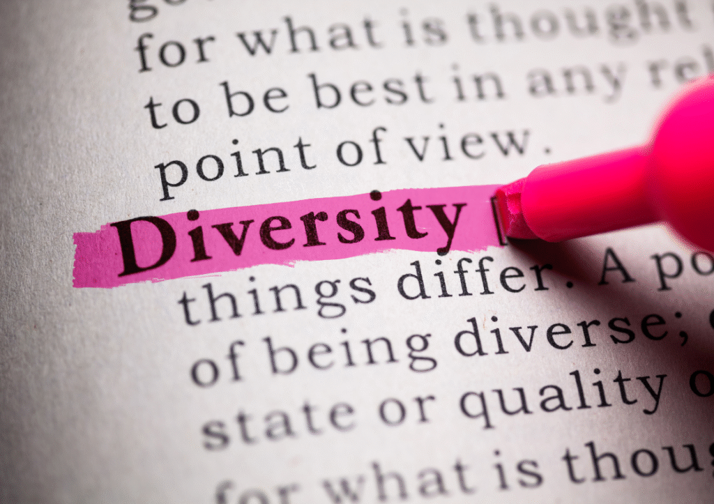a dictionary page with the word 'diversity' being highlighted with pink pen