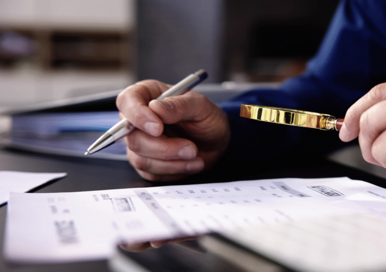 A person reviewing financial statements with a magnifying glass in one hand