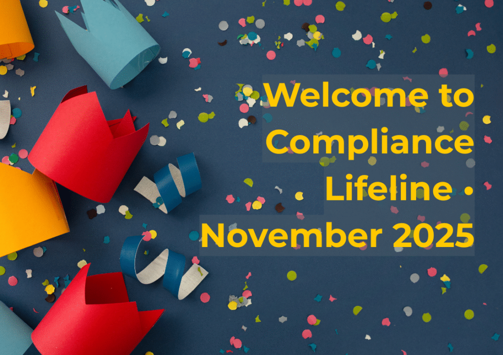 Party hats and confetti against a blue grey background with the words Welcome to Compliance Lifeline