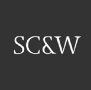 White worded logo on black background SC&W