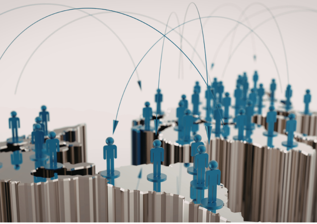 Graphic showig turqoise stick people standing on a 3D map of the word interconnected