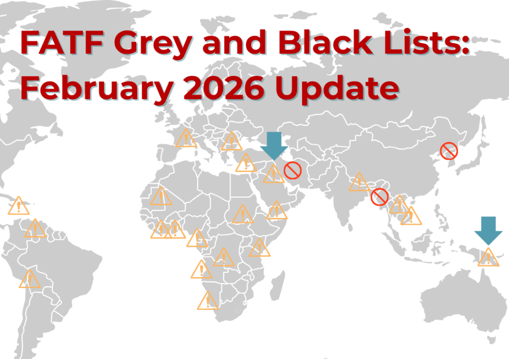 Map of the world with indicators on showing countries on the FATF lists
