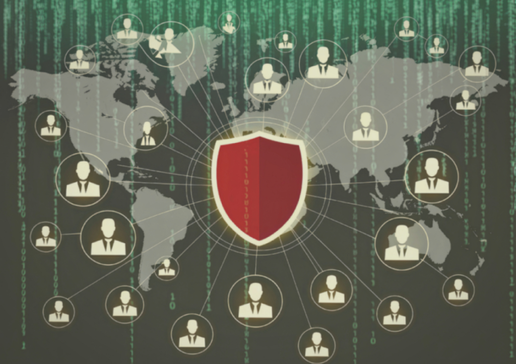 Graphic showing a red shield over a map of the world with binary data overlay