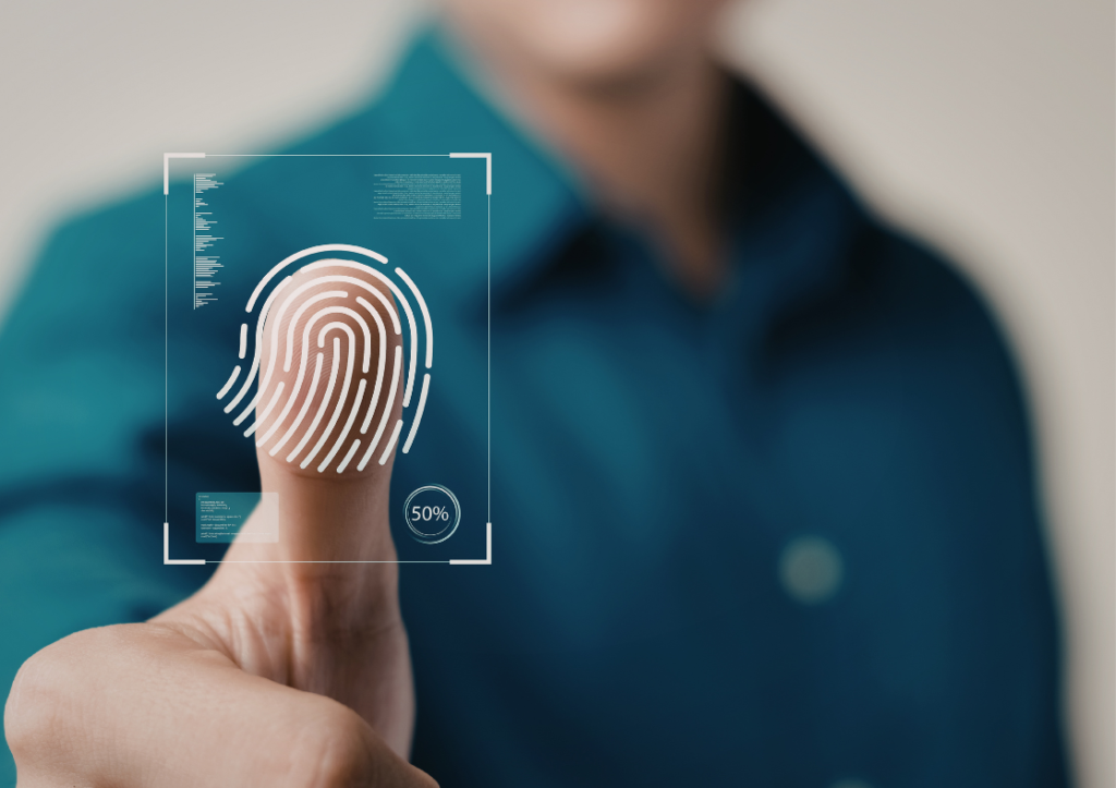 Picture of a man holding his thumb up and showing a biometric fingerprint