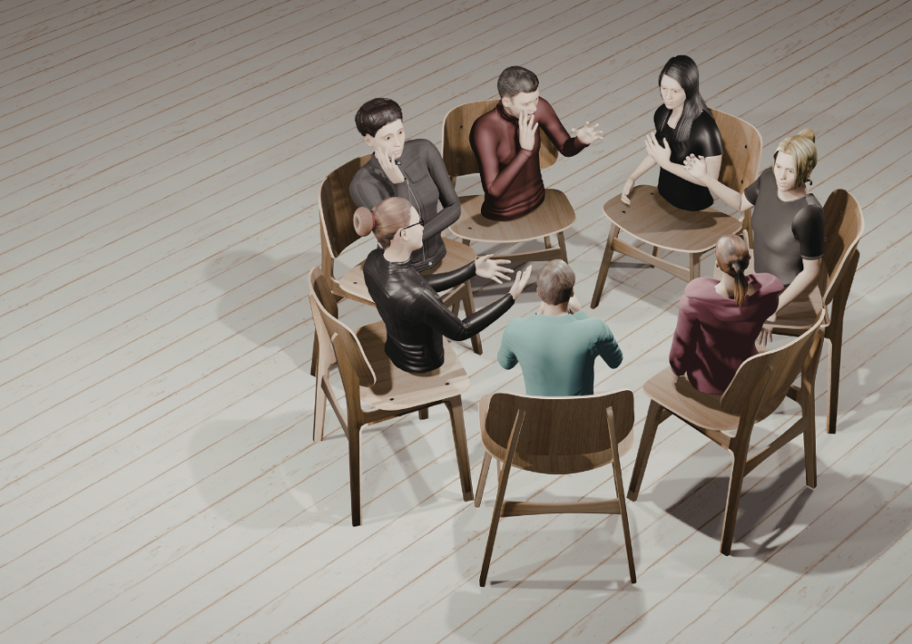Graphic depicting people sitting in a circle having a chat