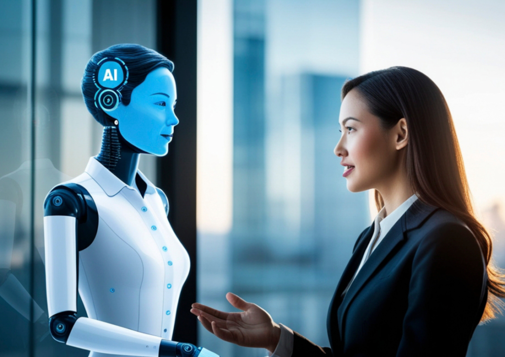 Female business person chatting to an AI robot